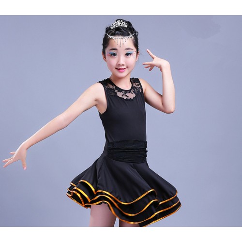 Girls latin dress for kids children stage performance red black lace long sleeves competition ballroom dresses outfits